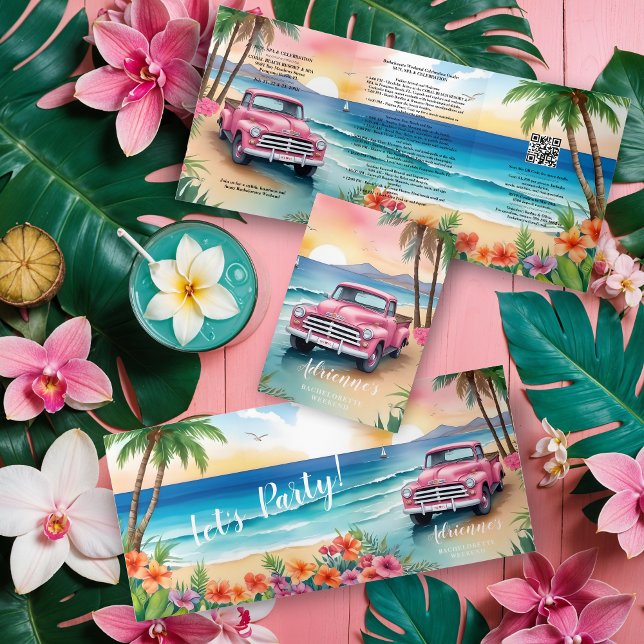 Convite Com Dobra Tripla Cherish Cute Pink Van Floral Beach Bachelorette (Cherish Cute Pink Van Floral Beach Bachelorette Weekend Tri-Fold Invitations Cards and Plans.)