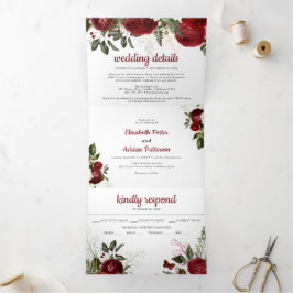 Convite Com Dobra Tripla Chic Burgundy & Floral Branco Casamento Elegante