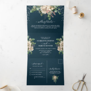 Convite Com Dobra Tripla Chic Elegant Blush Florals & Marinho Casamento com
