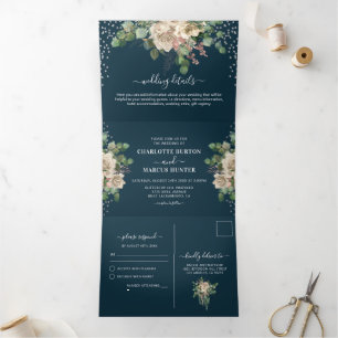 Convite Com Dobra Tripla Chic Elegant Blush Florals & Marinho Casamento com