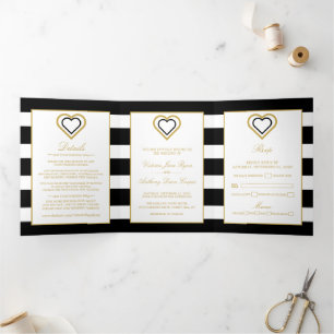 Convite Com Dobra Tripla Chic Heart, Black & Dourado Striped Wedds Suite