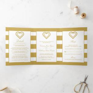Convite Com Dobra Tripla Chic Heart, Dourado Striped Wedding Suite