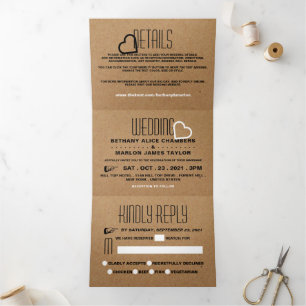 Convite Com Dobra Tripla Chic Heart, Kraft Effect Wedding Suite