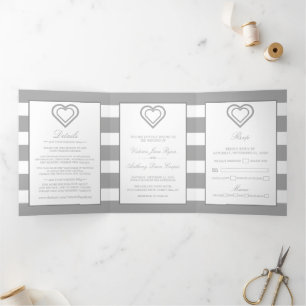 Convite Com Dobra Tripla Chic Heart, Silver Striped Wedding Suite