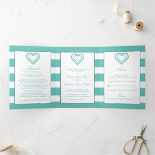 Convite Com Dobra Tripla Chic Heart, Teal Striped Wedding Suite