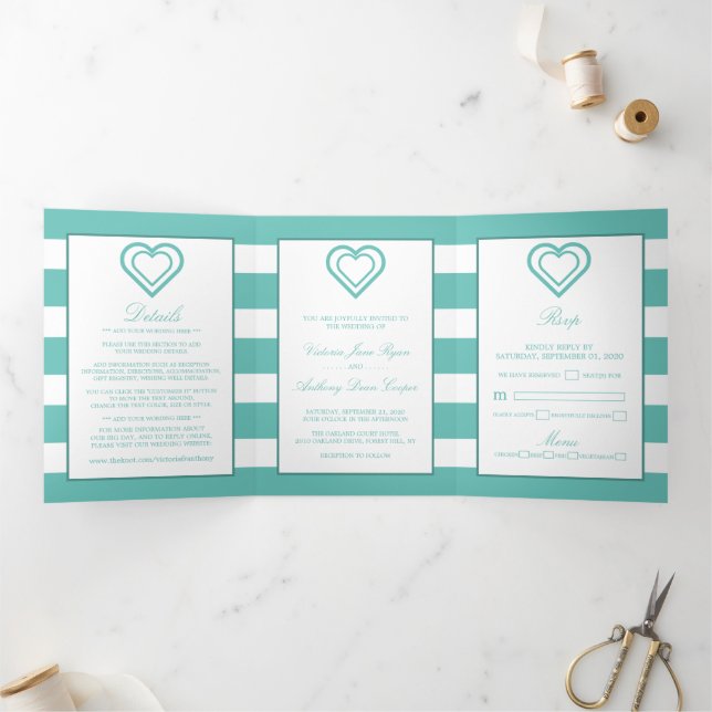Convite Com Dobra Tripla Chic Heart, Teal Striped Wedding Suite (Dentro)