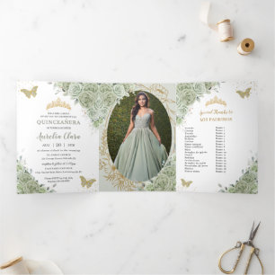 Convite Com Dobra Tripla Chic Sage Green Butterflies Quinceañera