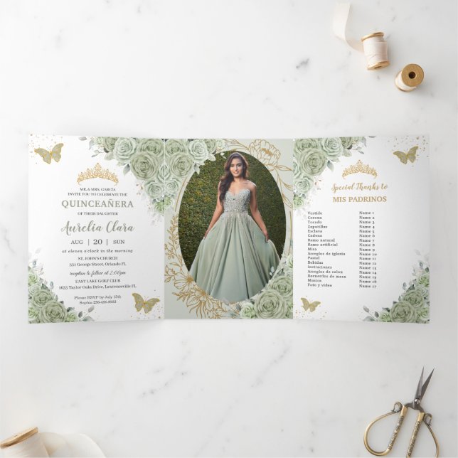 Convite Com Dobra Tripla Chic Sage Green Butterflies Quinceañera (Dentro)