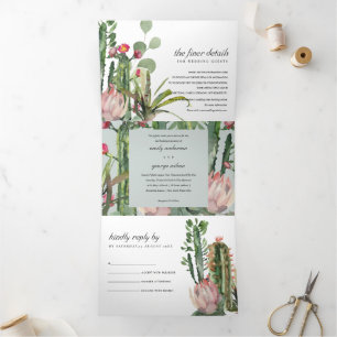 CONVITE COM DOBRA TRIPLA CINZA PINK FLORAL CACTI FOLIAGE WATERCOLOR WEDTING