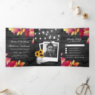 Convite Com Dobra Tripla Cinzas outono de Madeira deixa tudo em um casament