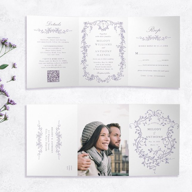 Convite Com Dobra Tripla Classic French Victorian Lavender Floral Wedding (Inside & Outside)