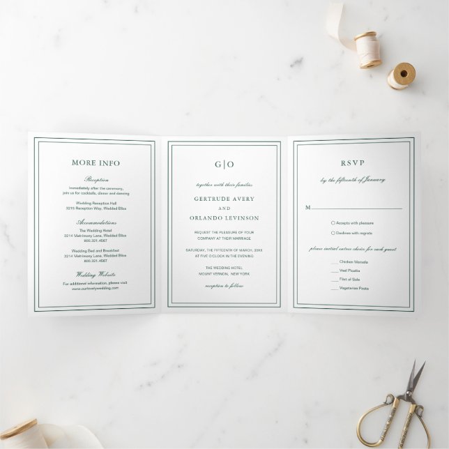 Convite Com Dobra Tripla Clássico Casamento Elegante Esmeralda Verde (Dentro)