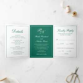 Convite Com Dobra Tripla Clássico Casamento Elegante Verde Esmeralda