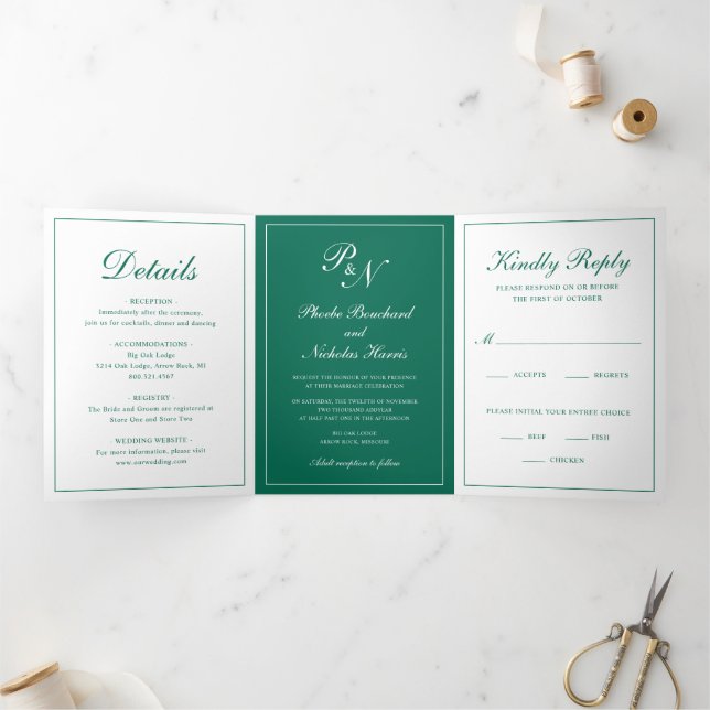 Convite Com Dobra Tripla Clássico Casamento Elegante Verde Esmeralda (Dentro)