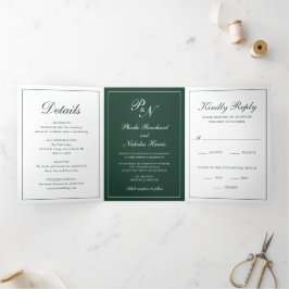 Convite Com Dobra Tripla Clássico Casamento Floresta Verde Elegante