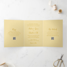 Convite Com Dobra Tripla Código QR Amarelo Manteiga Elegante Casamento Mode