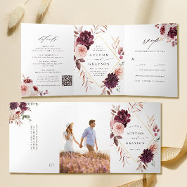 Convite Com Dobra Tripla Código QR Autumn Romance Dourado Casamento Geométr