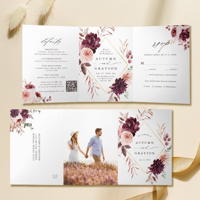 Convite Com Dobra Tripla Código QR Autumn Romance Dourado Casamento Geométr (Inside & Outside)