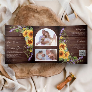 Convite Com Dobra Tripla Código QR Casamento Girassóis Lavanda Madeira Rúst