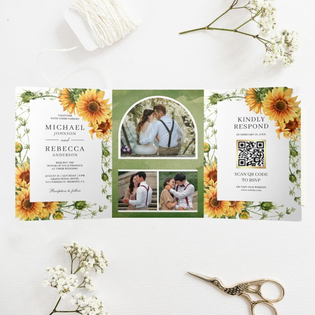 Convite Com Dobra Tripla Código QR de Arco de Fotos de Girassóis Rústicos C (Criador carregado)