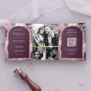 Convite Com Dobra Tripla Código QR de Arco Floral Roxo Mauve Empoeirado Cas