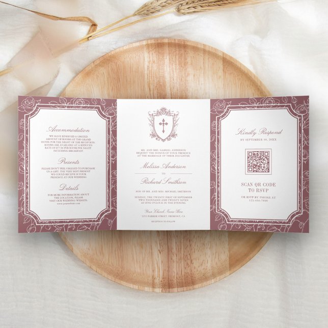 Convite Com Dobra Tripla Código QR de Casamento Católico Rosa Empoeirado Vi (Criador carregado)