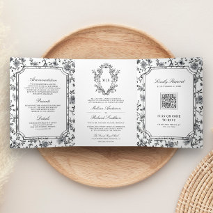 Convite Com Dobra Tripla Código QR de casamento com crista em Chinoiserie p