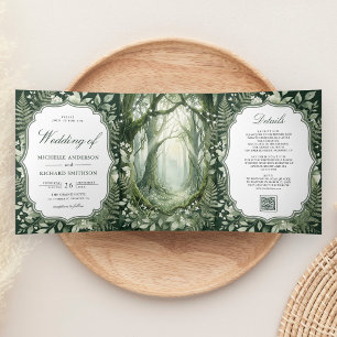 Convite Com Dobra Tripla Código QR de Casamento com Foto de Floresta Encant