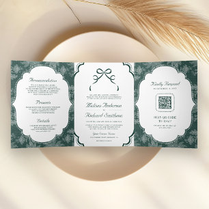 Convite Com Dobra Tripla Código QR de casamento com laço Coquette branco es
