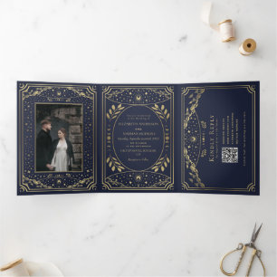 Convite Com Dobra Tripla Código QR de Casamento Elegante Tarot Dourado e Ma