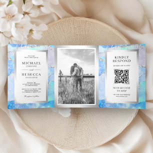 Convite Com Dobra Tripla Código QR de Casamento em Mármore de Ágata Prata A