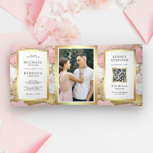 Convite Com Dobra Tripla Código QR de Casamento em Mármore de Ágata Rosa Do