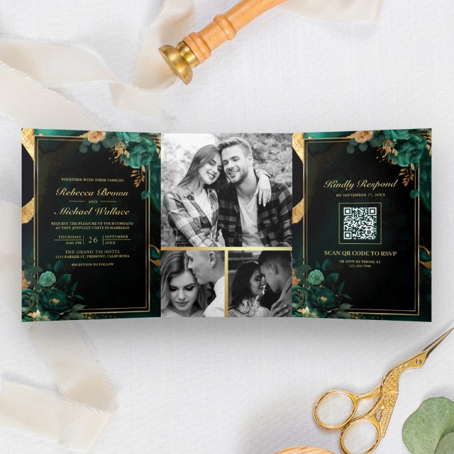Convite Com Dobra Tripla Código QR de Casamento em Mármore Floral Dourado E (Criador carregado)