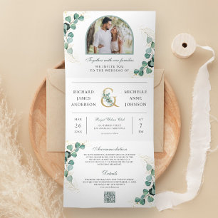 Convite Com Dobra Tripla Código QR de casamento Eucalyptus Arch Foto Tudo e