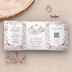 Convite Com Dobra Tripla Código QR de Casamento Floral Abóbora Rosa Desbota