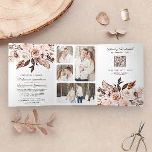 Convite Com Dobra Tripla Código QR de Casamento Floral Marfim Terroso Boho