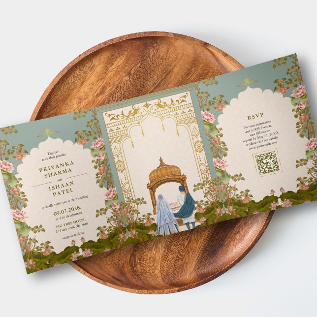 Convite Com Dobra Tripla Código QR de Casamento Indígena Estético Todos em  (Indian Wedding All in One QR Code Invitation Aesthetic Floral Arch Gold )