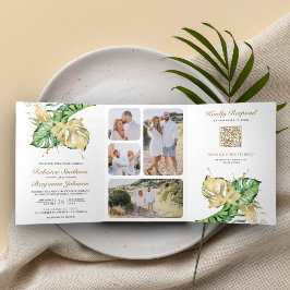 Convite Com Dobra Tripla Código QR de Casamento Monstera Tropical Palma Dou