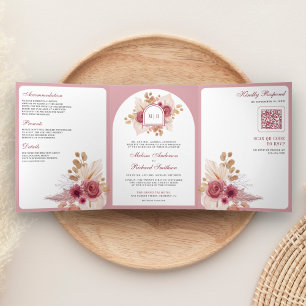 Convite Com Dobra Tripla Código QR de Casamento Pampas Floral Rosa Granada
