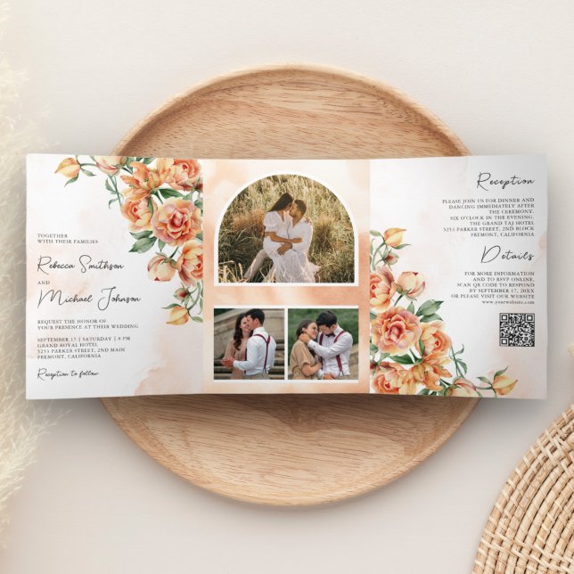 Convite Com Dobra Tripla Código QR de Casamento Rústico Terroso Floral Pêss (Criador carregado)