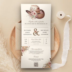 Convite Com Dobra Tripla Código QR de Chapéu Floral Western Rustico para Ca