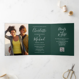 Convite Com Dobra Tripla Código QR de Foto da Assinatura 2 Casamento Esmera