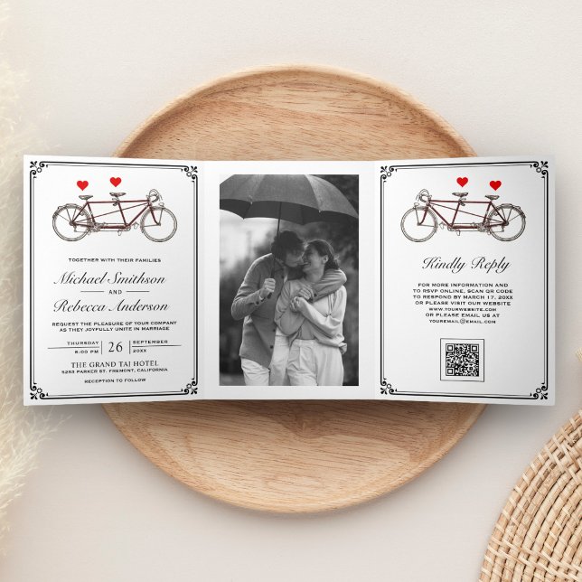 Convite Com Dobra Tripla Código QR de Foto de Bicicleta Tandem Fofa para Ca (Criador carregado)