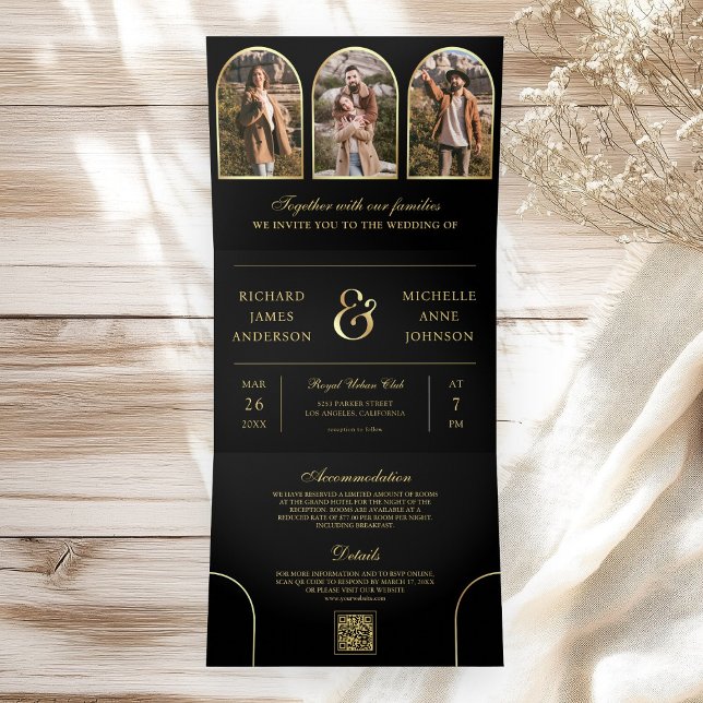 Convite Com Dobra Tripla Código QR de Foto de Casamento Arco Mínimo Ouro Pr (Criador carregado)