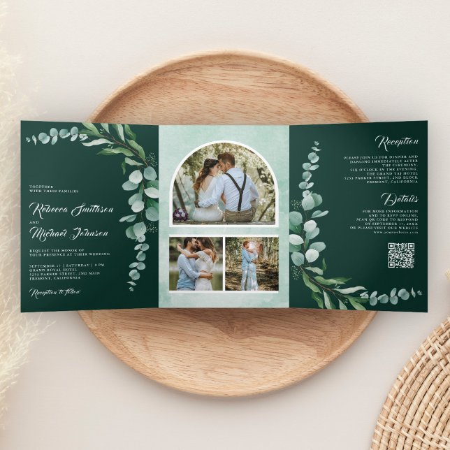 Convite Com Dobra Tripla Código QR de Foto de Galho de Eucalipto Casamento  (Criador carregado)