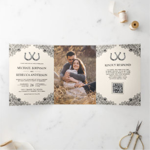 Convite Com Dobra Tripla Código QR de Foto de Renda de Ferradura de Cavalo