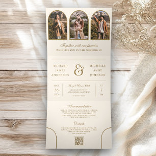Convite Com Dobra Tripla Código QR de foto do Arco de Noiva Cream Gold