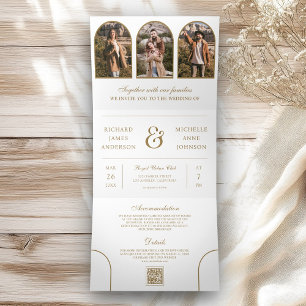 Convite Com Dobra Tripla Código QR de Foto do Arco de Ouro Branco Casamento