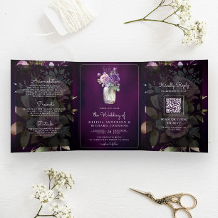 Convite Com Dobra Tripla Código QR de Jarra de Mason Floral Roxo Escuro Cas