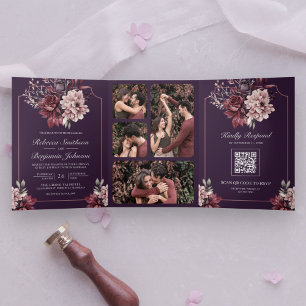 Convite Com Dobra Tripla Código QR de Moldura Floral Mal-encarada Roxo Escu